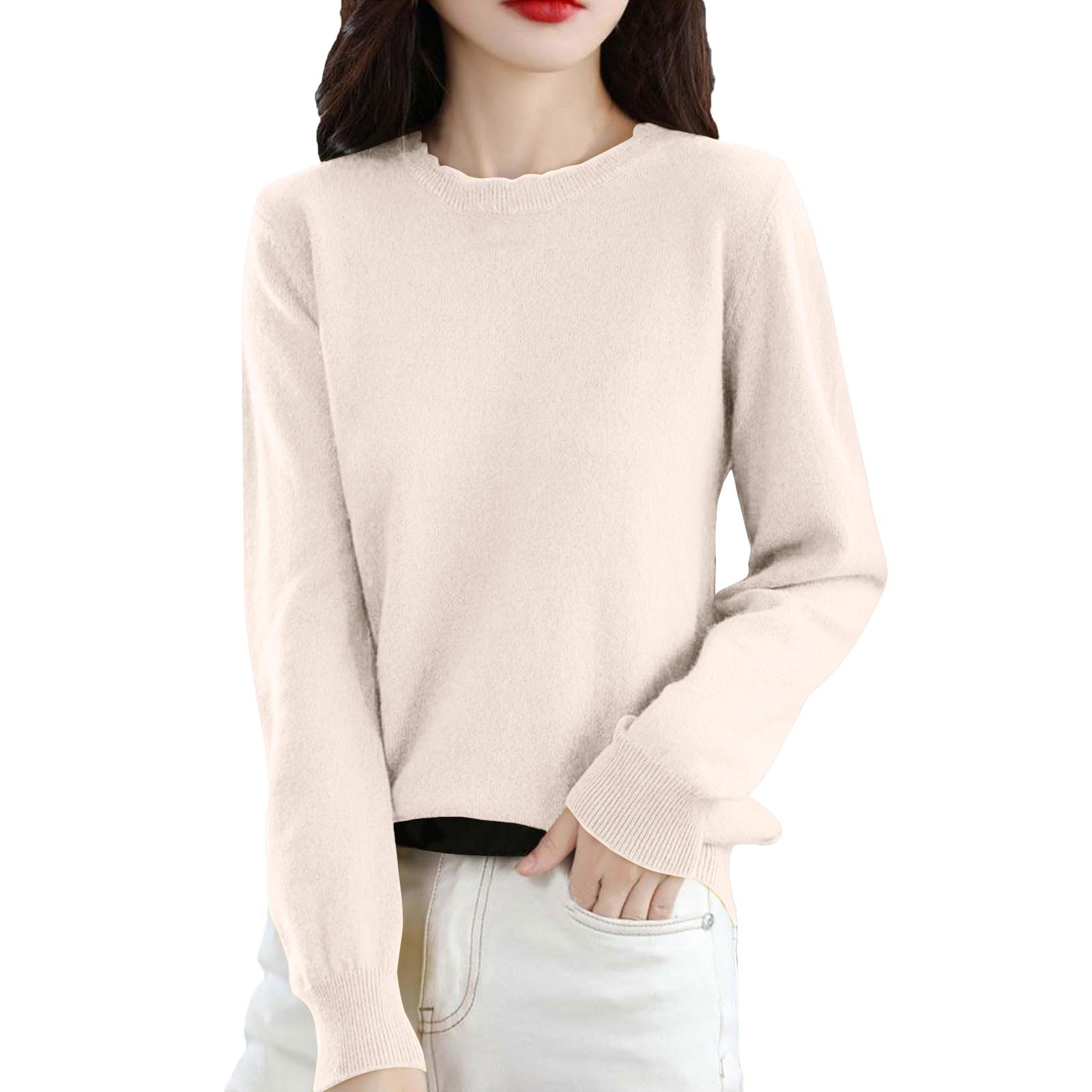 

Women s Casual Lace Round Neck Base Layer Knitted Long Sleeve Solid Color Sweater XXL бежевый