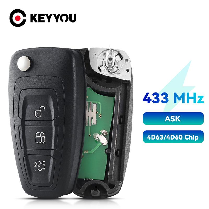 KEYYOU 3 Buttons Fob Modified Flip Folding Remote Car Key 433MHz 4D63 Chip For FORD Focus Fiesta Mondeo With HU101 Blade ASK
