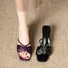 New Summer Sandals for Women Fashion Square Head Open-toe Rhinestones with Slip-on Slip-on Slippers with Fine Heels