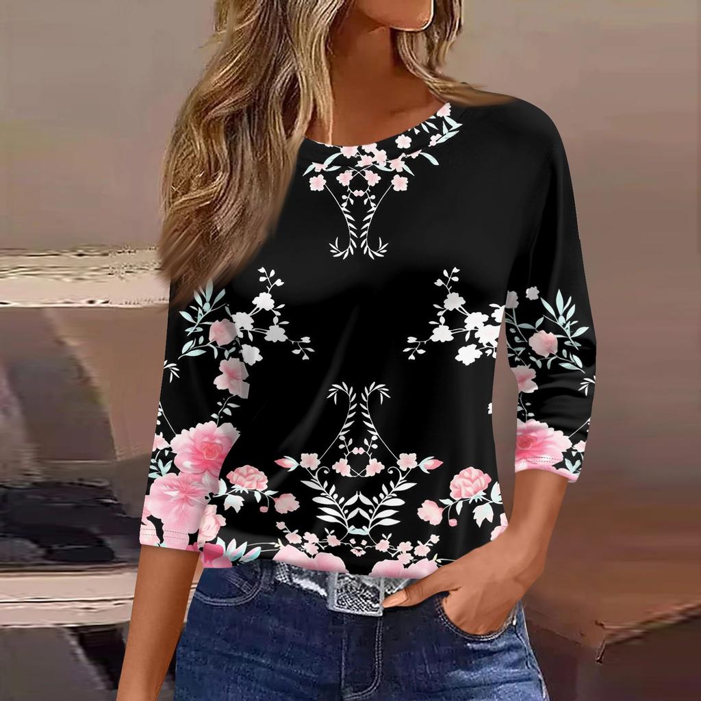 Women's Three-Quarter Sleeve Shirt, Round Neck, Loose Fit, Casual Shirt, Floral Print T-Shirt, Summer