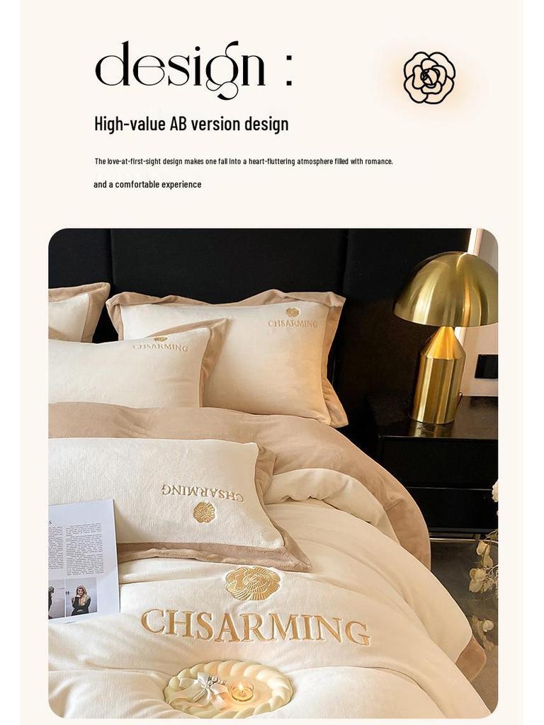 Matte Velvet 4-Piece Set: Non-Static, Solid Color, Wide-Edge Embroidery, Autumn/Winter Plus Velvet Fitted Sheet.