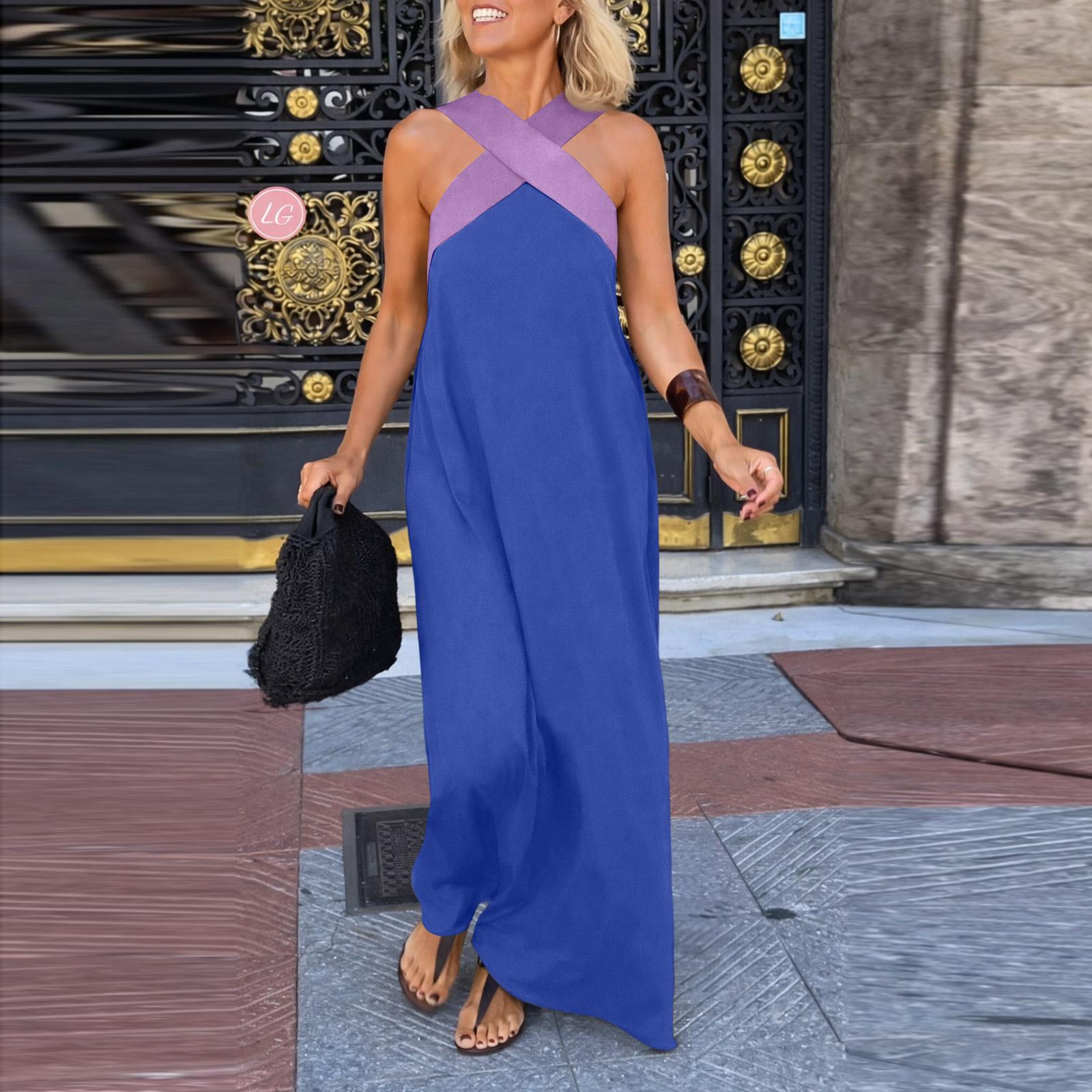 

Sleeveless Long Maxi Dress for Women Cross Strap Neck Loose Fit Solid Casual Sundress Summer Beachwear S синий