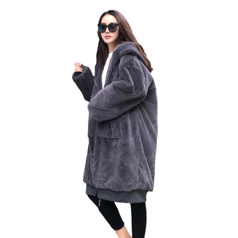 Winter langer großer Kaninchenfellmantel Damen Kapuzenmantel Neuer Reißverschluss Verdickt Warme Plüschkleidung