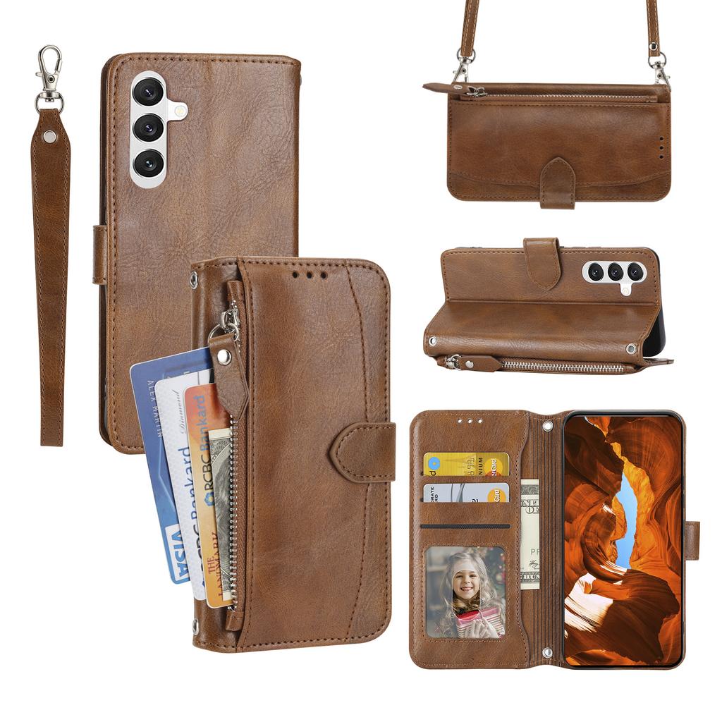 For Samsung Galaxy S26 Case Zipper Pocket Leather Phone Cover with Crossbody Shoulder Strap