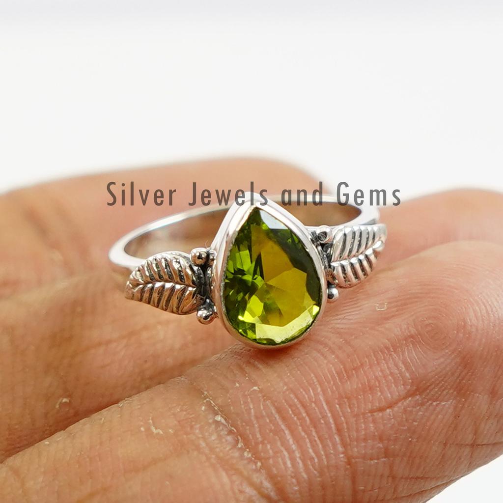 Teardrop Peridot Ring, 925 Sterling Silver, Two Leaves Design