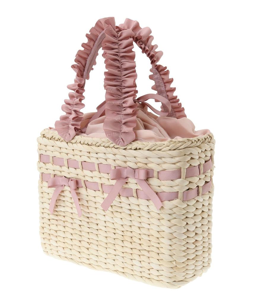 Maison de FLEUR Frill Handle Maize Ribbon Basket Bag In Pink Beige Women's