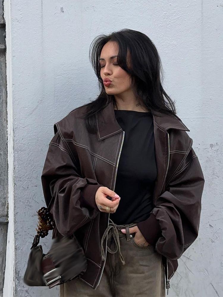 Women Zipper Leather Bomber Jackets Coats Oversized Contrast Stitch Lapel Long Sleeve Jacket Motorcycle Autumn Outwear Tops