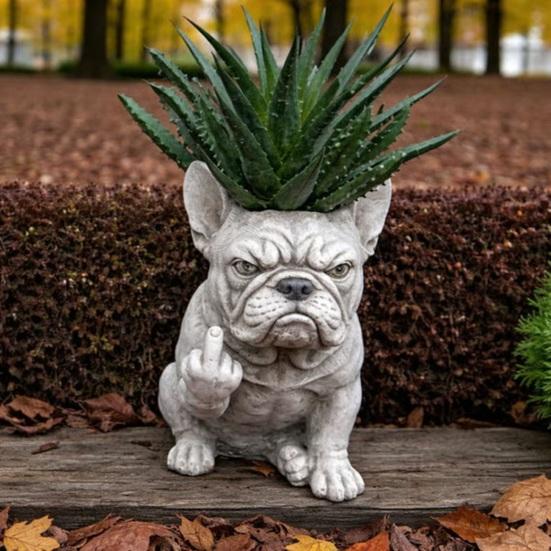 Lustiger Bulldogge Blumentopf Neuheit Mittelfinger Hund Blumenkübel Niedliche Hundegartenstatue für Außen Innen Garten Büro Schreibtisch Dekoration