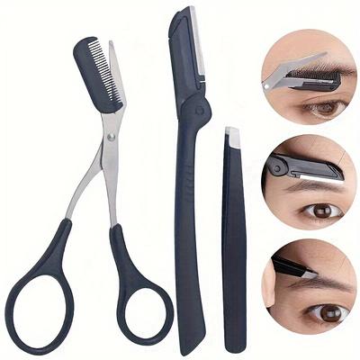 3 Piece Eyebrow Grooming Kit Precision Razor Tweezers and Scissors with Comb Dual Hand Design for Men and Women