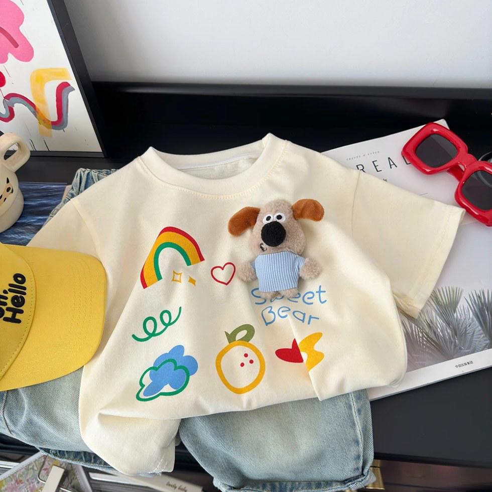 3D Plush Cotton Kids Short Sleeve T-shirt - Cute Doll Design Parent-Child Summer Top