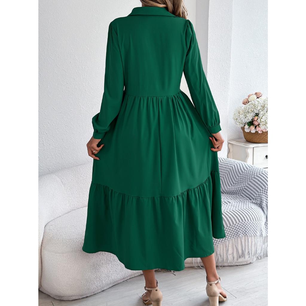 GMXIA Autumn and Winter Lapel Casual Loose Long-sleeved Ruffled Shirt Dress for Women