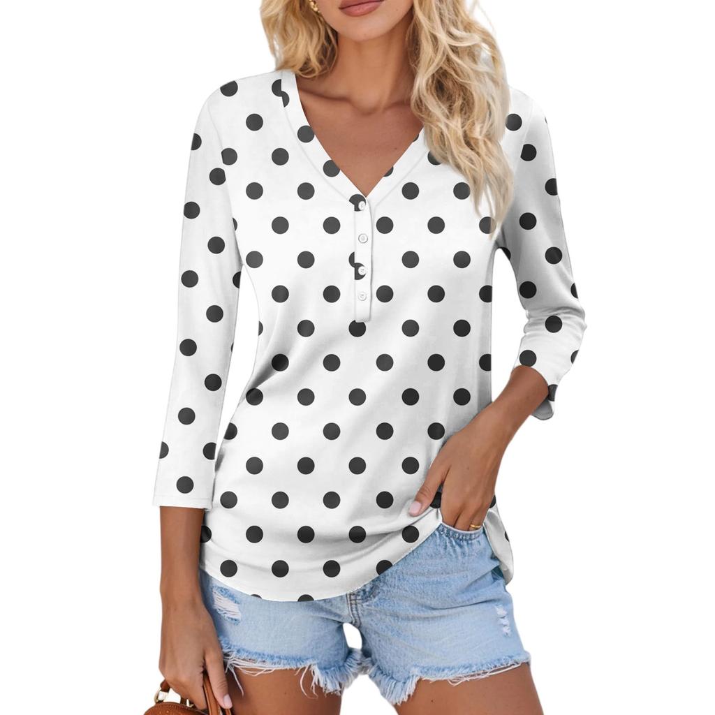 Women's Casual Fashion Sexy Comfortable V-Neck Button Spotted Three-quarter Sleeve Top