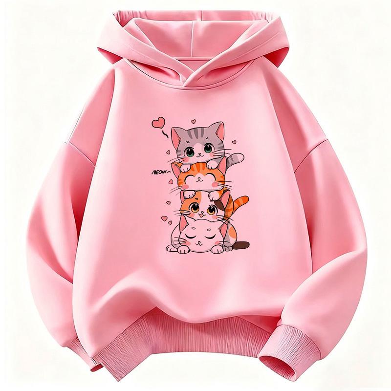 Children Hoody Cute Cat Graphic Kids Hoodie Long Sleeve Sweatshirt Cartoon Animal Boys Girls Clothes Kawaii Kitten Tops