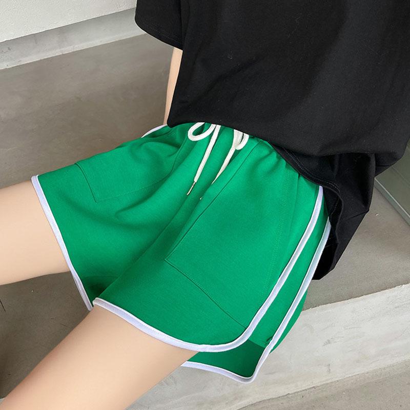 Women Summer Jogging Sports Solid Color Drawstring High-Waisted Wide-Leg Casual Shorts Pants