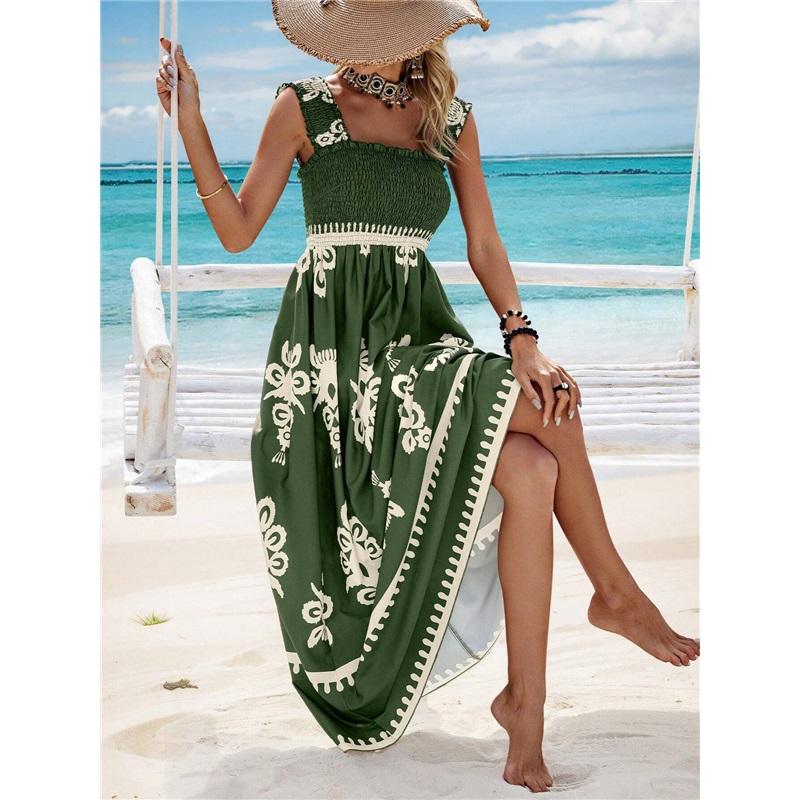 Summer New Style Women's Ladies Dress Printed Front Cross Sleeveless Loose Casual Beach Dress