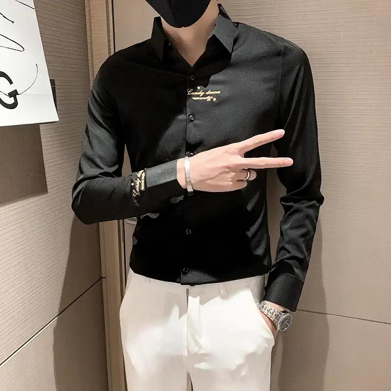 Men's Slim Fit Black Long Sleeve Shirt with Gold Embroidered Detail Casual Business Formal Shirt