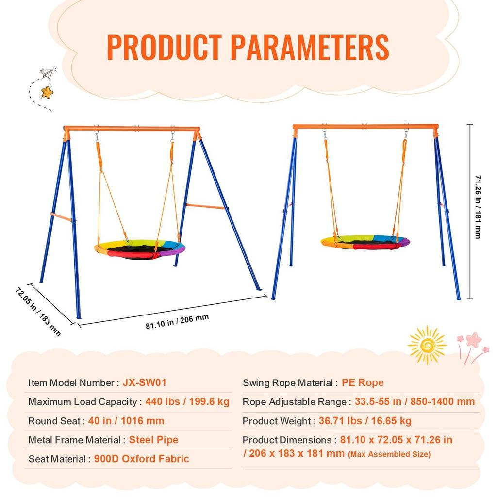 Swing Sets for Backyard 40in Saucer Swing Seat A-Frame Metal Stand 440lbs