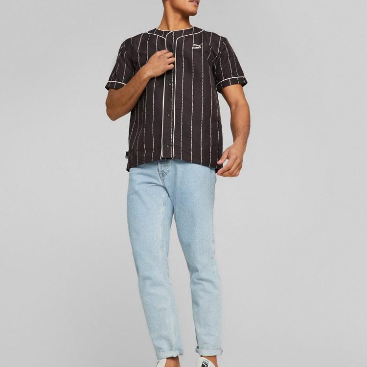 Puma Striped Print Single-Breasted Round Neck Short Sleeve Shirt Men Shirts Black 622579-01