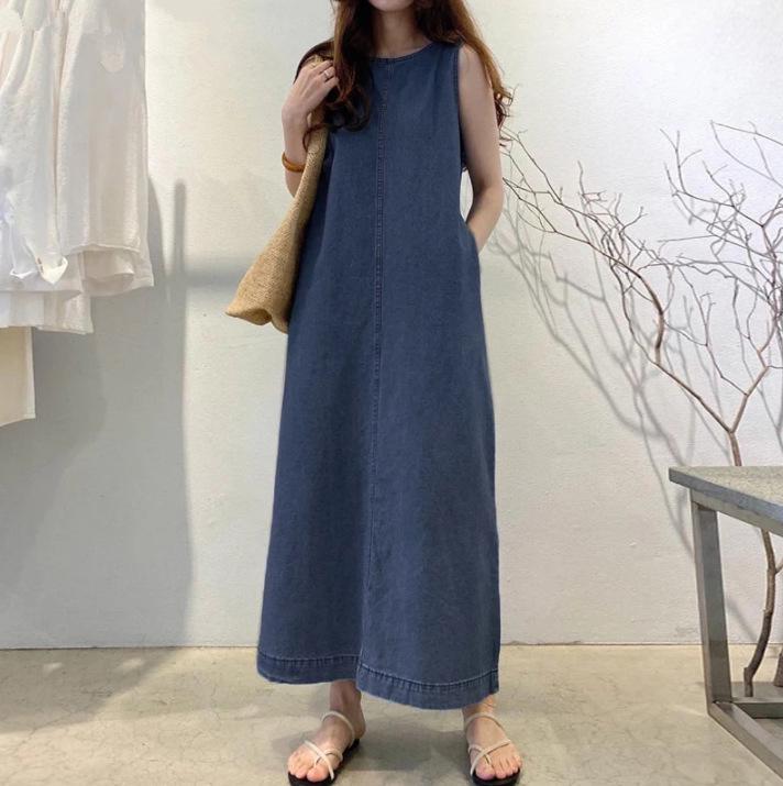 

Bohemian Denim Sleeveless Round Neck Loose Pocket Pullover Dress (2024 Collection) XL