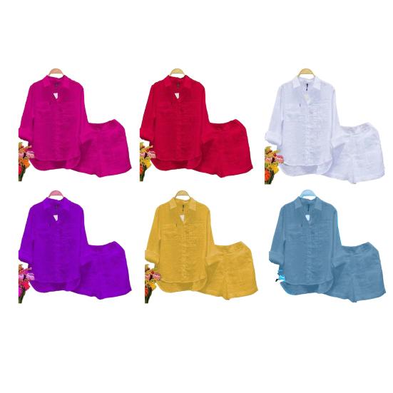 2 Pcs/Set Women Shirt Shorts Set Solid Color Loose Long Sleeves Elastic Waist Single-breasted Patch Pockets Irregular Hem Lapel Casual