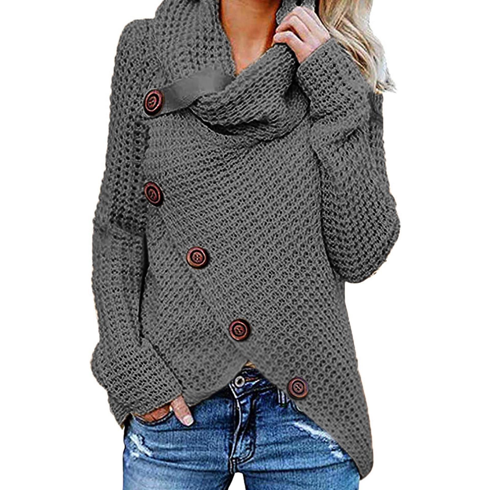 

Женская мода Зимний трикотажный свитер с длинным рукавом на пуговицах и неровным низом XL