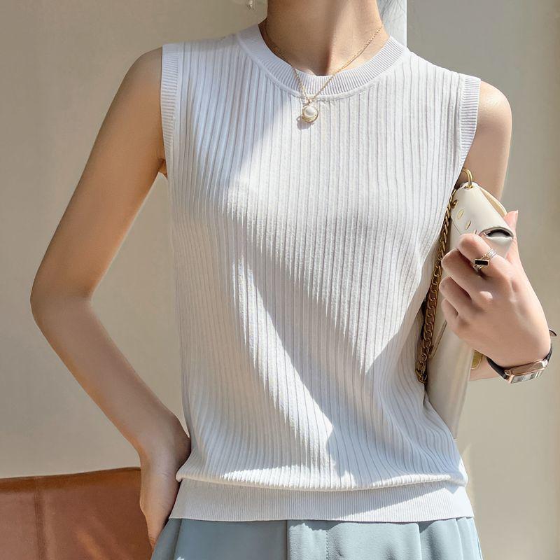 Women's Round Neck Sleeveless Knitted Camisole Tank Top - Ice Silk Summer Base Layer Top