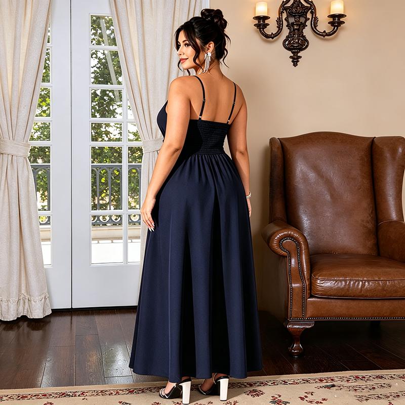 Women Plus Size Solid Color A Line Maxi Dress V Neck Wrap Floral Mesh Slit Wedding Guest
