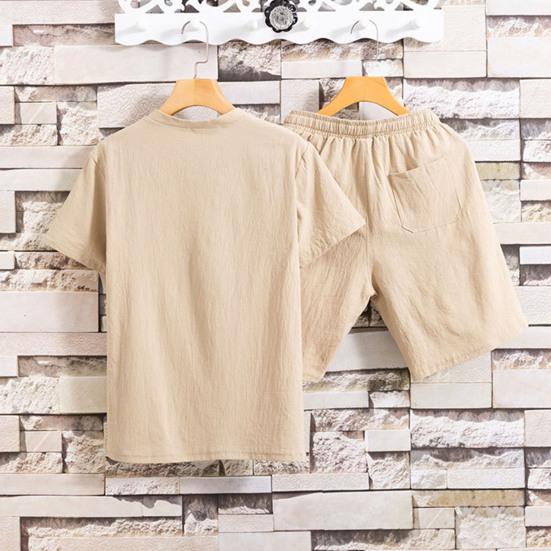 2 Pcs/Set Men T-shirt Shorts Set Solid Color Elastic Waist Loose V Neck Drawstring Homewear Deep Crotch Plus Size Casual Summer
