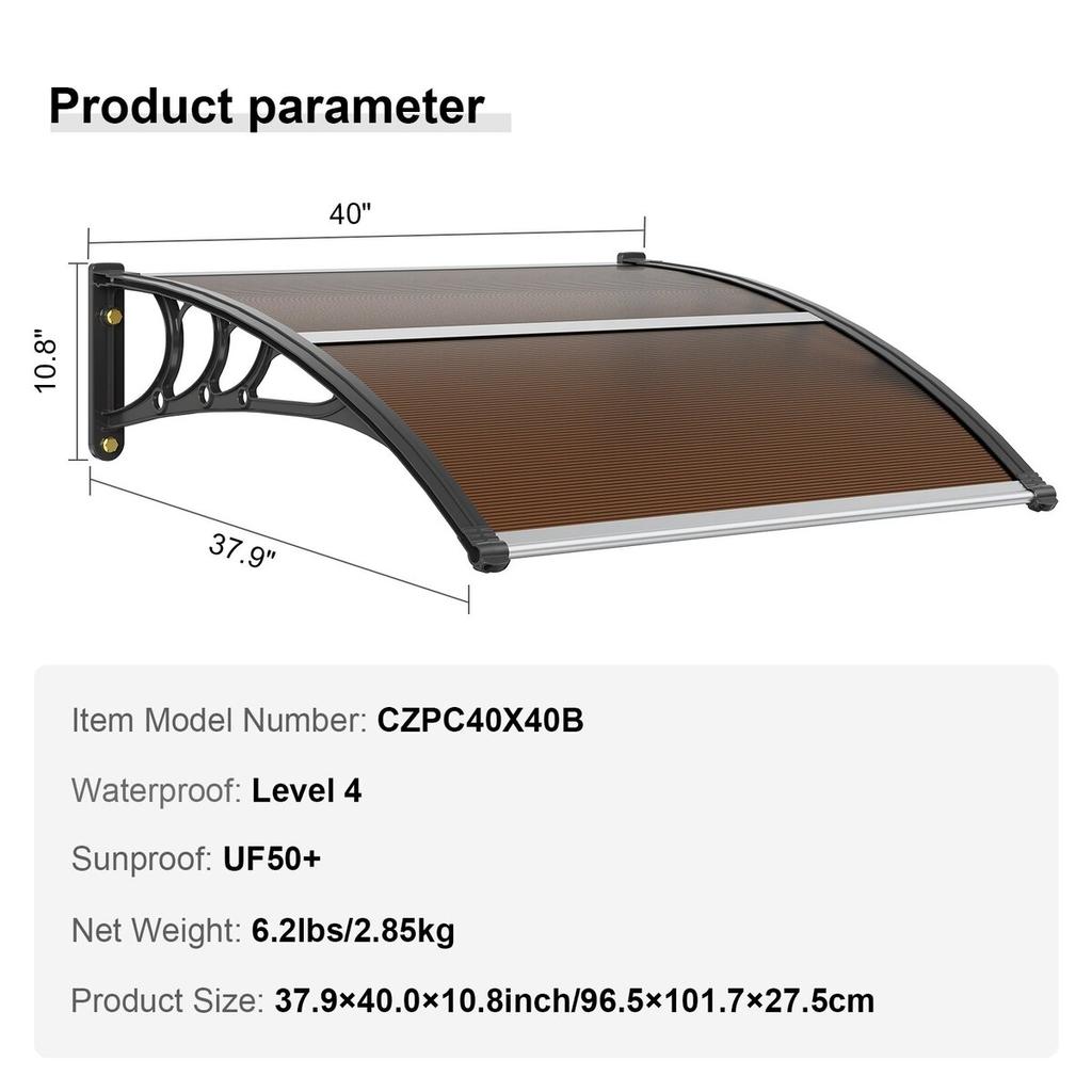 Window Door Awning Canopy 40" X 40", UPF 50+ Polycarbonate Entry Door Outdoor Window Awning Exterior, Front Door Overhang Awning for Sun Shutter, UV,