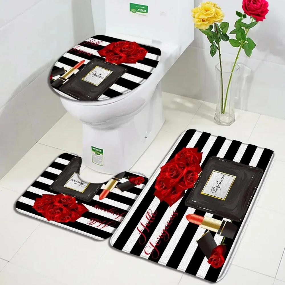 Set Tenda da Doccia Profumo Moda Fiore Rosa Rosa Donna Moderna Ragazza Decorazioni Bagno Casa Tappetino Antiscivolo Tappetino da Bagno Copri Sedile WC