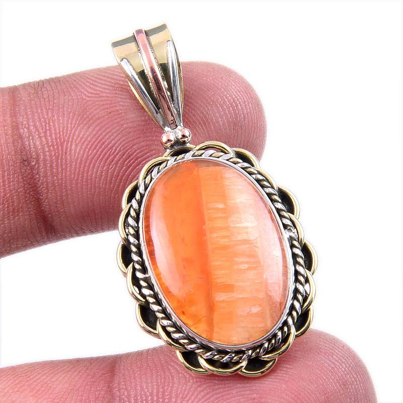 

Natural Carnelian Gemstone 925 Solid Sterling Silver Two Tone Pendant 1.50 w7D19