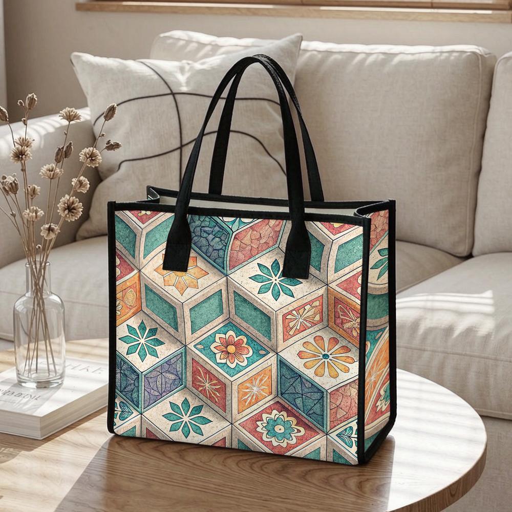 Vintage Pattern Tote Bag Geometric Floral Design Large Capacity Casual Shopping Bag for Daily Use
