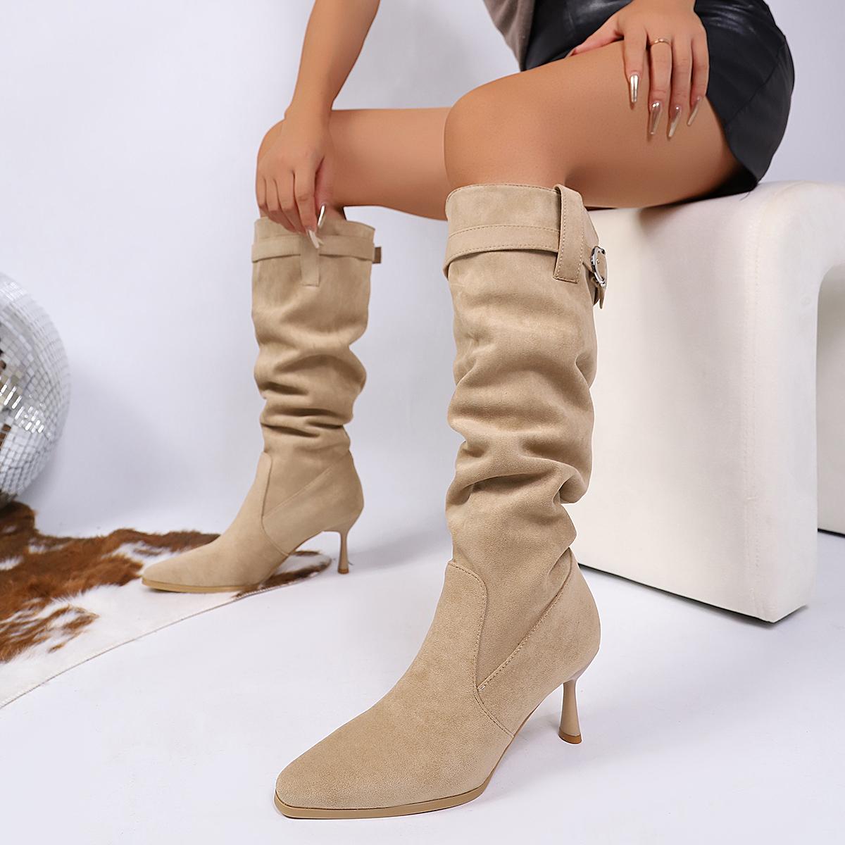 

New Style Fashion Women s Knee-High Women s Boots Slip on Modern Boots Women Leopard Pleated Pointed Toe Thin Heel Shoes Women 35 хаки