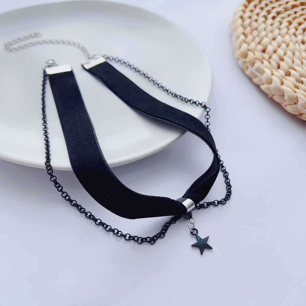 Черный бархатный пояс в готическом стиле, цепь, кисточка, подвеска-звезда, чокер-ошейник, лента на шею, ожерелье, женские аксессуары 40cm