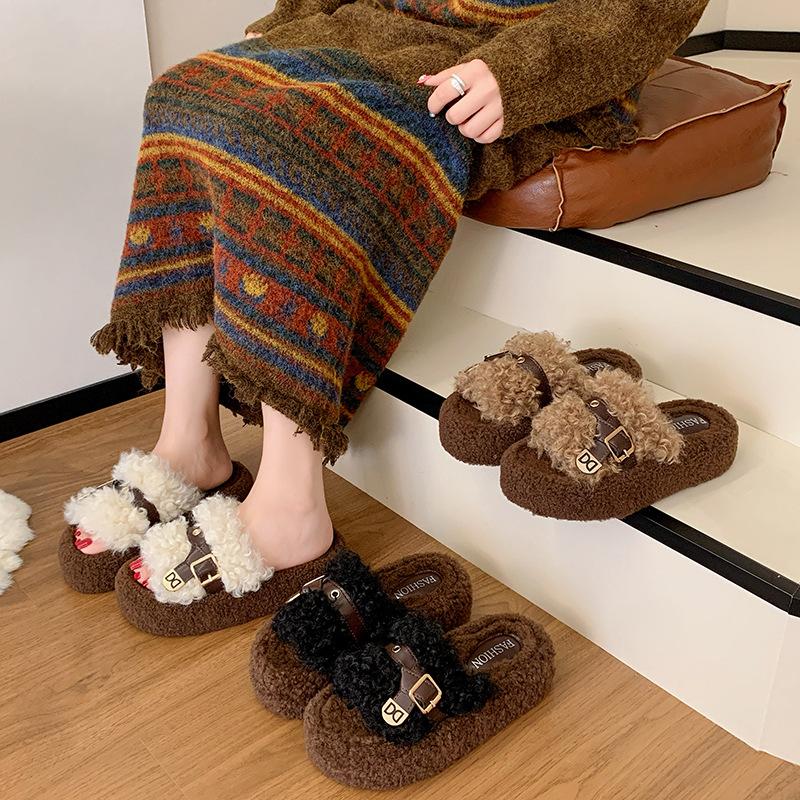 Korean Version 2025 Autumn and Winter New Mao Mao Shoes Curly Hair Outer Wear One-word Slippers Platform Shoes Velvet Cotton Slippers Women