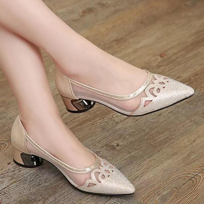 Mesh sandals thick heel hollow women's shoes summer new middle heel mesh single shoes women's rhinestone breathable shallow mouth shoes