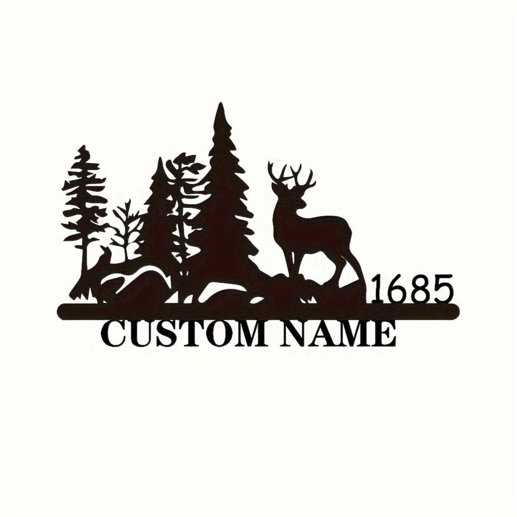 Custom Rustic Metal Address Sign Customizable Forest Pine Tree Design Deer Accent Outdoor House Number Plate