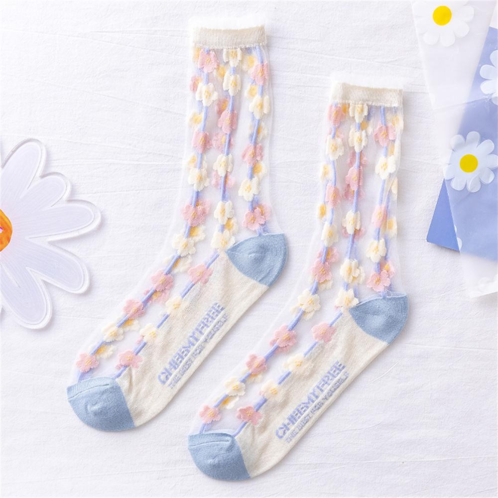 Chic Été Dames Mi-Tube Dentelle Épissage Coton Maille Respirant Fin Soie de Verre Cristal Petite Vigne de Fleurs Chaussettes Dropship
