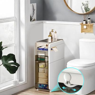 Bathroom Storage Cabinet, Skinny Plastic Bathroom Storage with Drawers& Toilet Paper Holder, Waterproof Movable Storage Organizer for Small Space