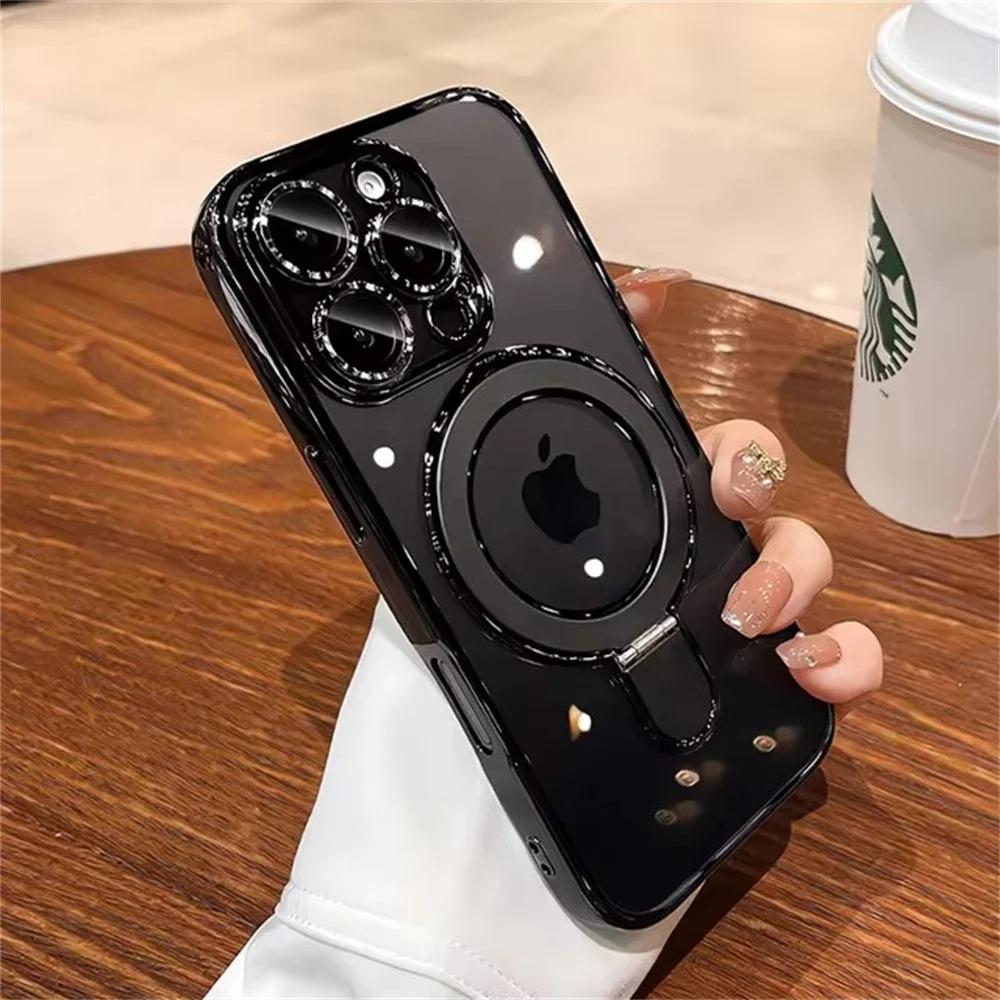 

Applicable To IPhone 16 Mobile Phone Case Electroplated Transparent Magnetic Suction Apple 15 with Lens Film Bracket 14ProMax Full Package iPhone 13 pro max