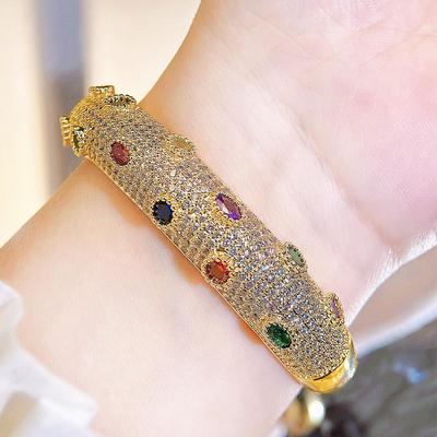 WWJ Super Luxurious Dubai Arab Colored Zirconia Bracelet Bangle Wedding Party Woman Royal Palace Golden Jewelry