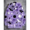 Boys' Halloween hoodie with pumpkin and cat patterns, long sleeved purple hoodie, suitable for trick or treating activities, daily autumn
