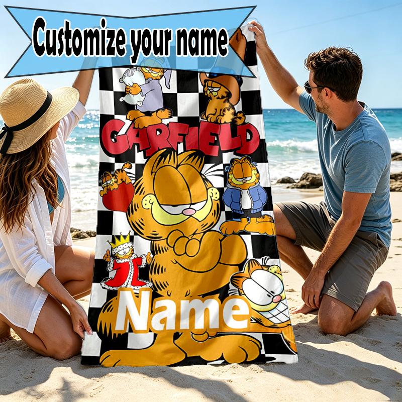 Custom Name Personalized Garfield Print Beach Towel, for Trip Camping Beach Party Home Decor, Birthday Gift for Family & Friends