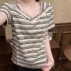V-neck Striped Short-sleeved T-shirt Women's 2026 Summer New Loose Irregular Design Front Shoulder T-shirt Thin Top