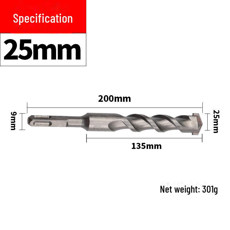 Impact Hammer Drill Bit for Drilling Through Concrete and Cement Walls with Round and Square Handles, Two Pits, and Two Grooves.