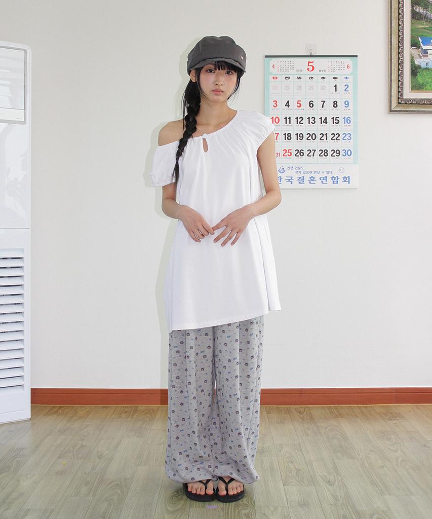 Ronron Button Puff Shirring Dress White