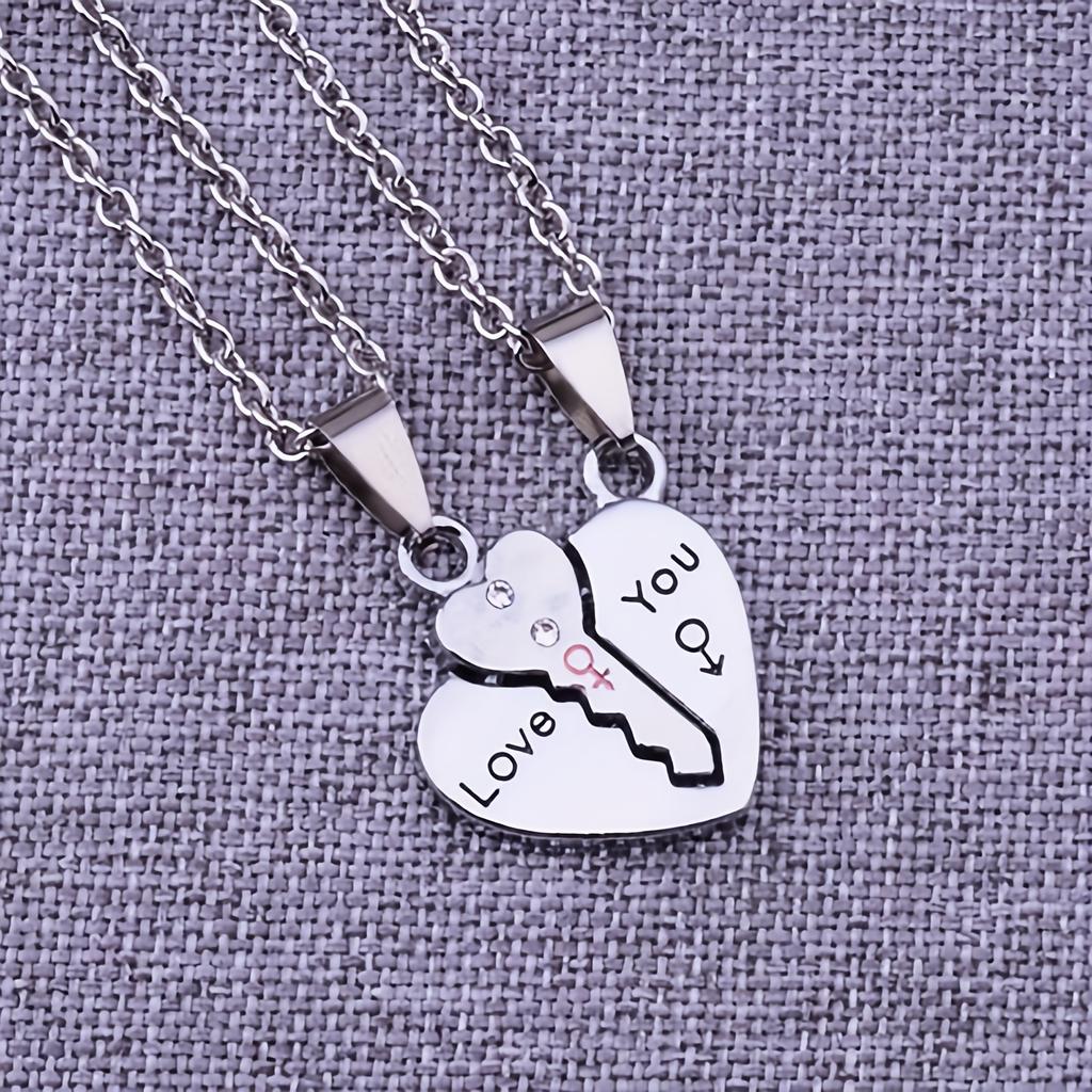 A Set of Two Minimalist Creative Heart-Shaped Key Pendants 'Love You' Couple Necklaces, Symbolizing Friendship, Commitment, And Love, Perfect As Fashi