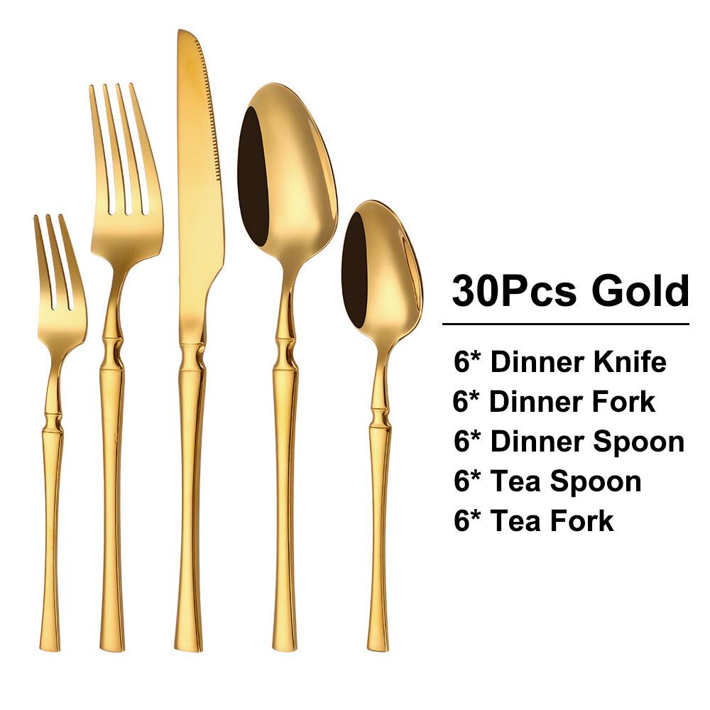 6/24/30Pcs Gold Thin Cutlery Stainless Steel Tableware Western Dinner Set Solid Color Knife Fork Spoon Mirror Kitchen Utensils