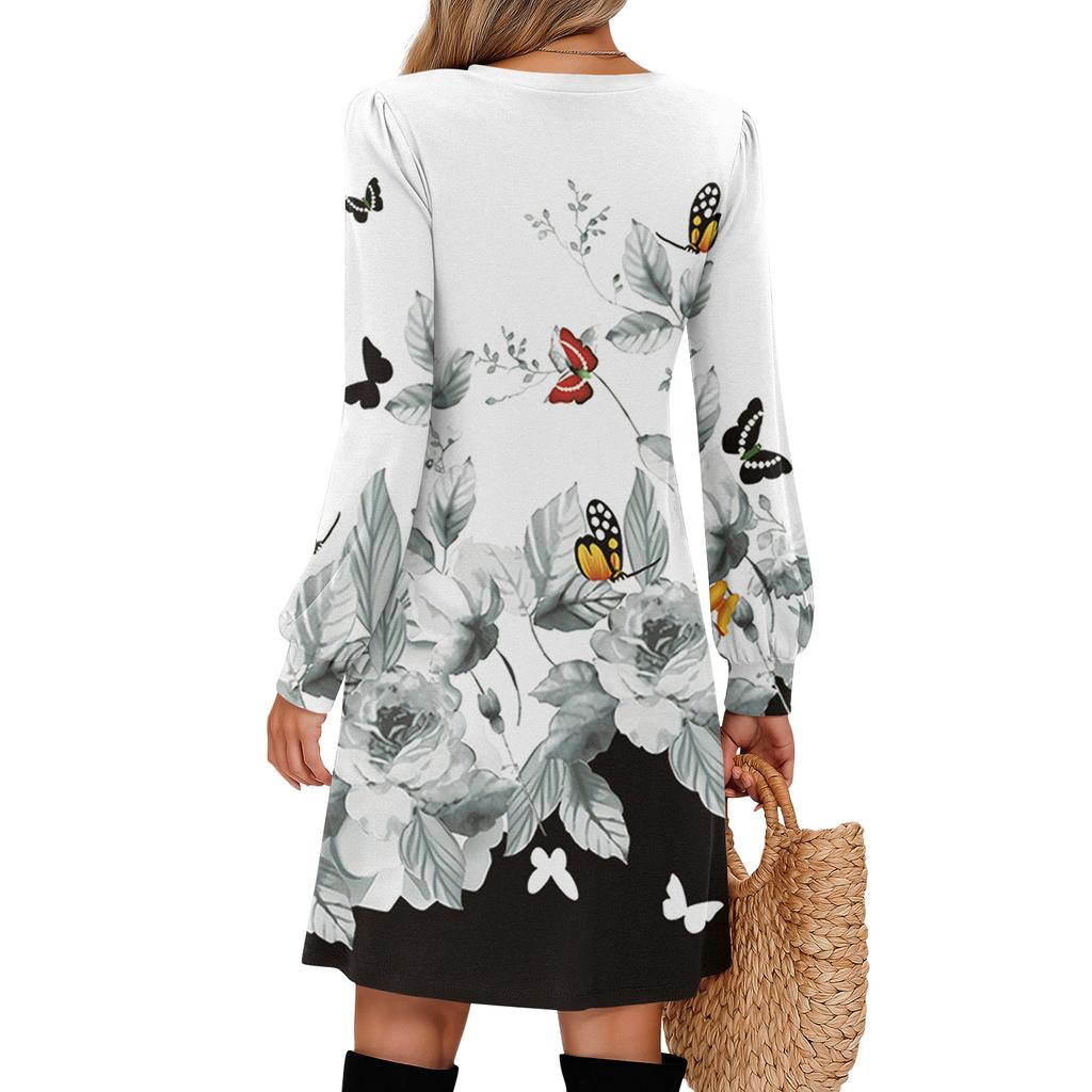 Damen Bedrucktes Lässiges und Modisches V-Ausschnitt Langarm Midikleid
