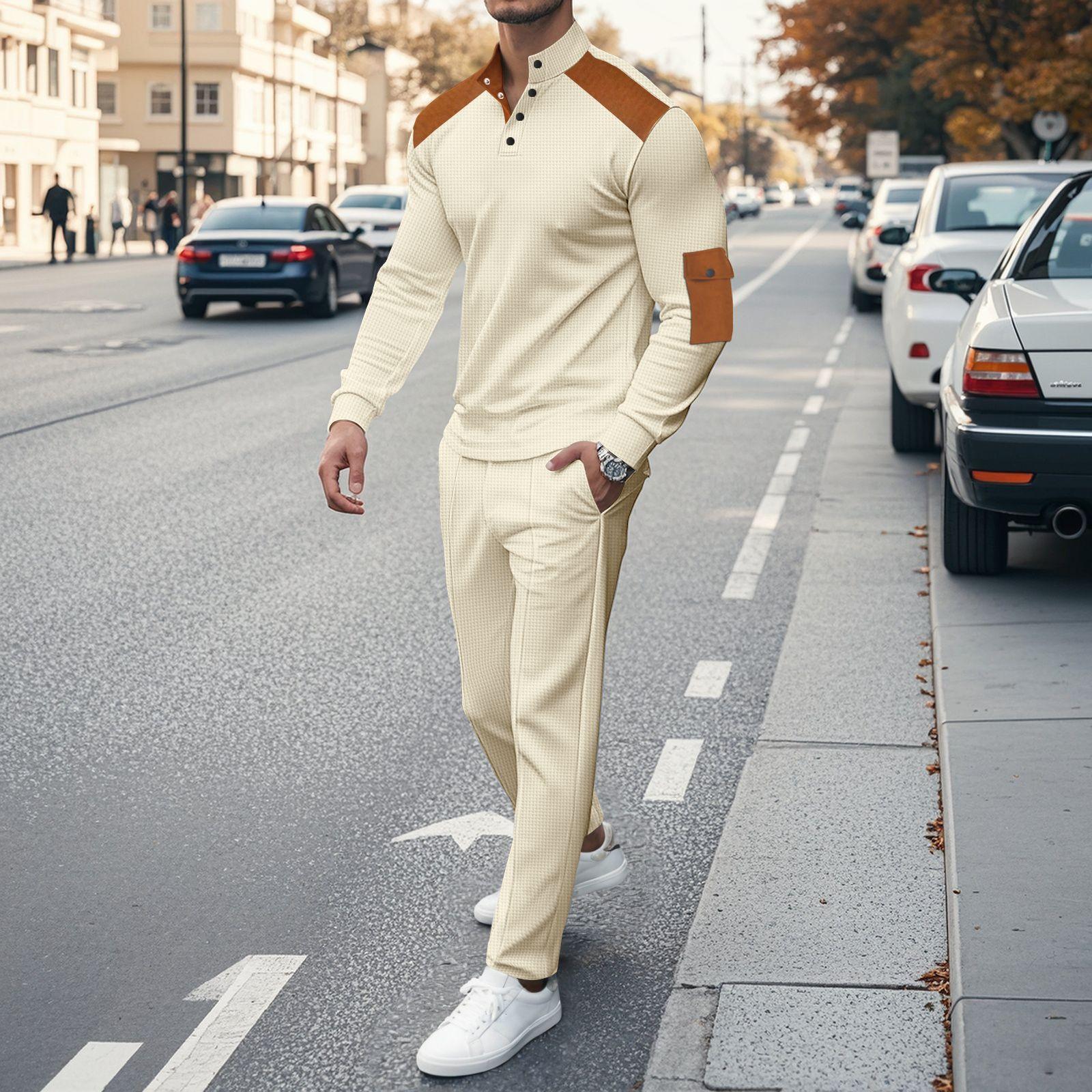 

Мужской топ с воротником-стойкой, кожаный, на пуговицах, с карманом, с длинным рукавом, повседневный спортивный комплект с брюками на кулиске XXL хаки